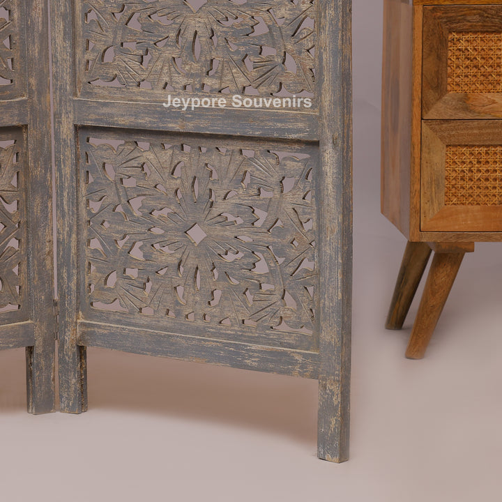 Traditional 4-Panel Carved Wooden Room Divider