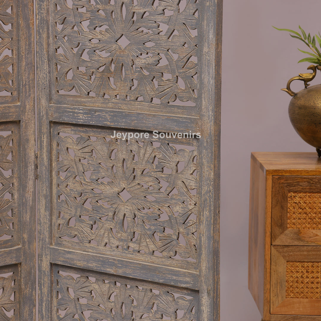 Traditional 4-Panel Carved Wooden Room Divider