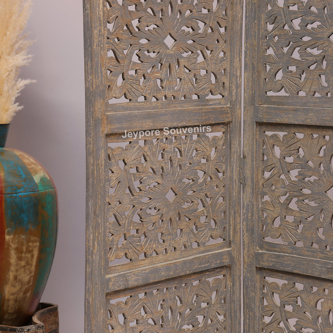 Traditional 4-Panel Carved Wooden Room Divider