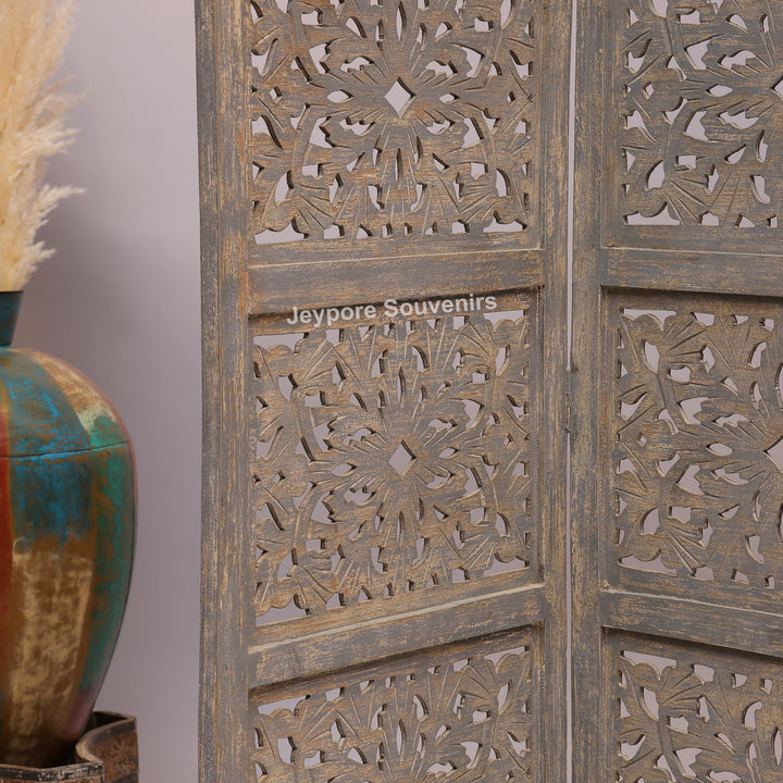 Traditional 4-Panel Carved Wooden Room Divider