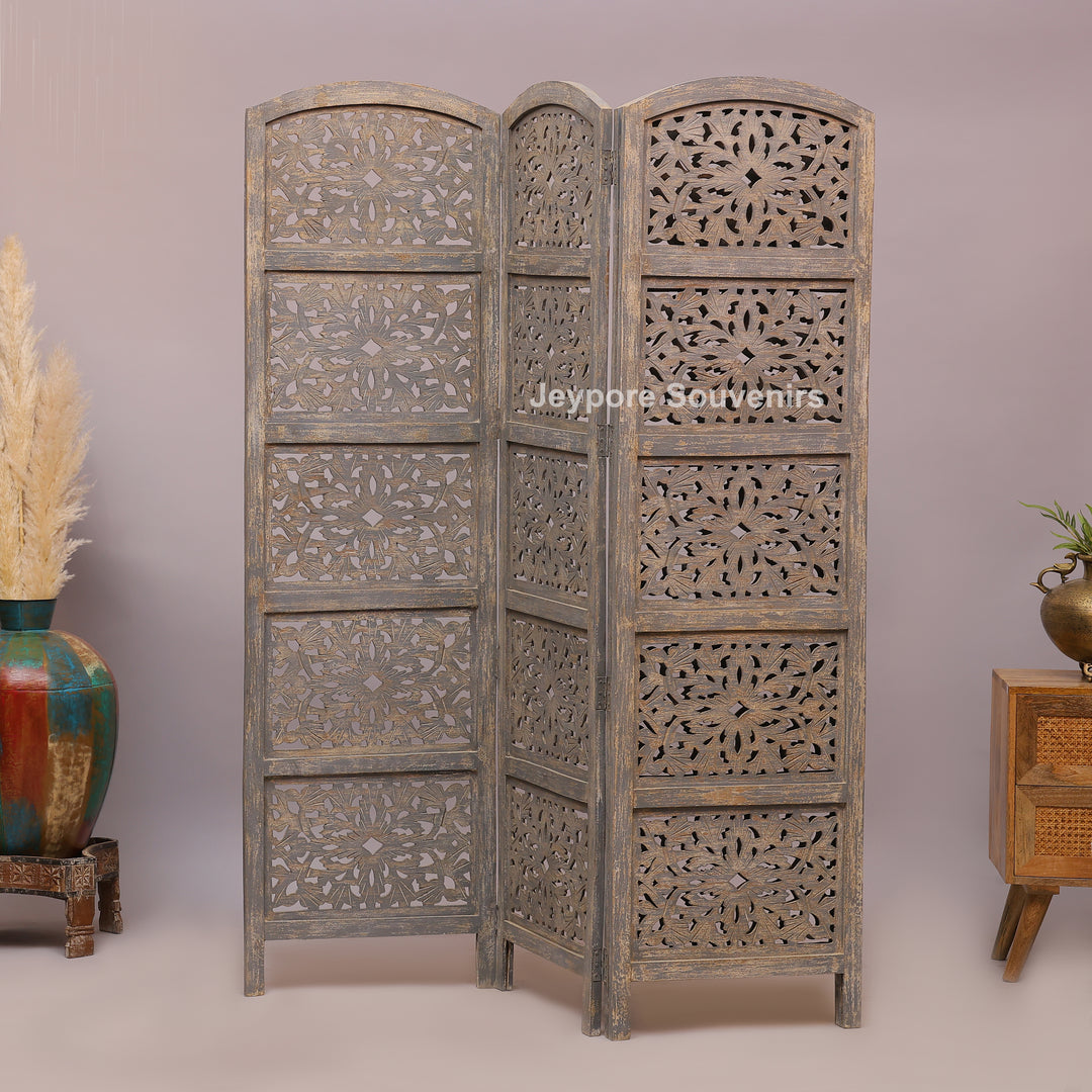 Traditional 4-Panel Carved Wooden Room Divider