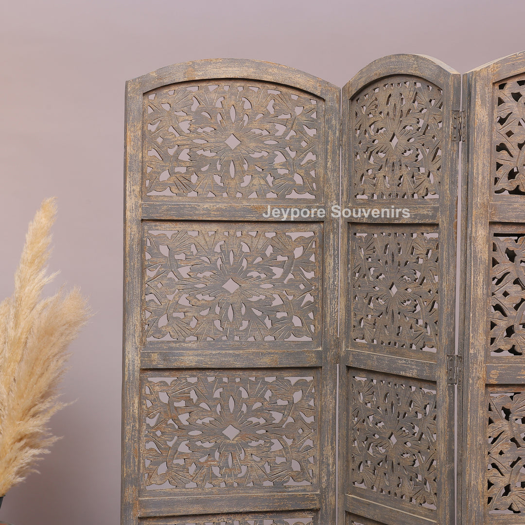 Traditional 4-Panel Carved Wooden Room Divider