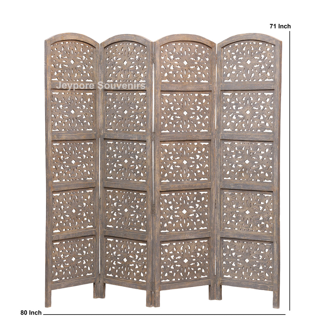 Traditional 4-Panel Carved Wooden Room Divider