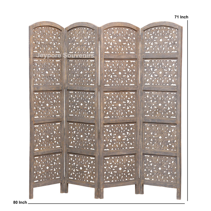 Traditional 4-Panel Carved Wooden Room Divider