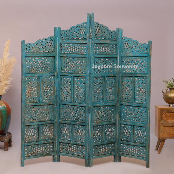 Antique Blue 4-Panel Hand-Carved Wooden Jali Room Divider