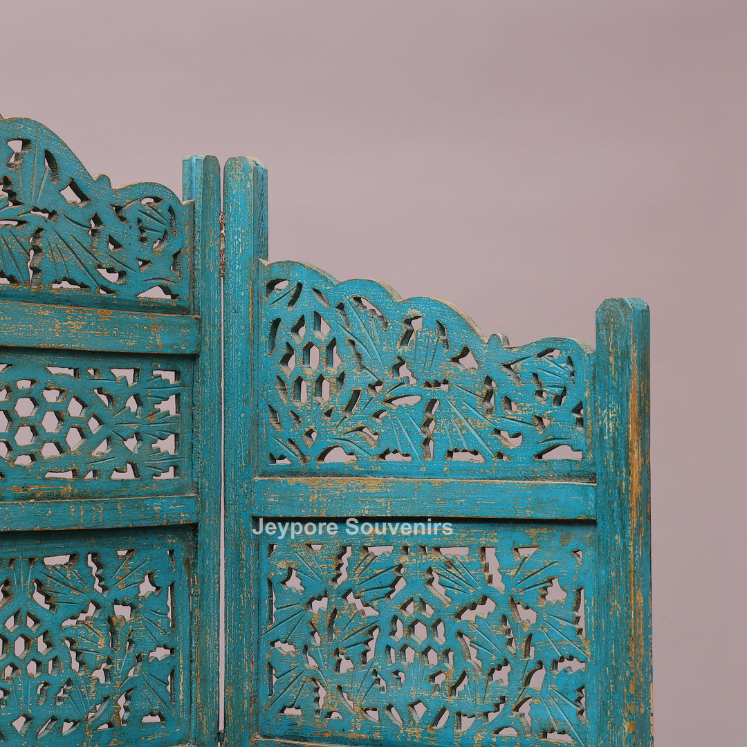 Antique Blue 4-Panel Hand-Carved Wooden Jali Room Divider
