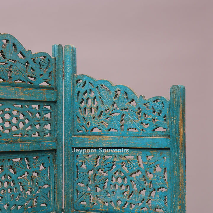 Antique Blue 4-Panel Hand-Carved Wooden Jali Room Divider