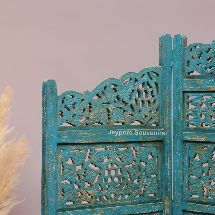 Antique Blue 4-Panel Hand-Carved Wooden Jali Room Divider