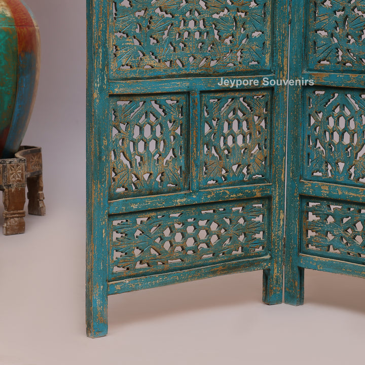 Antique Blue 4-Panel Hand-Carved Wooden Jali Room Divider