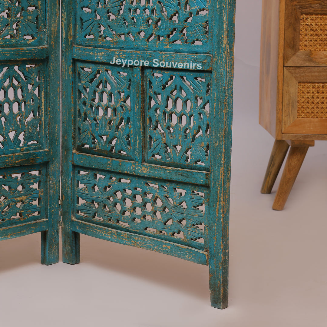 Antique Blue 4-Panel Hand-Carved Wooden Jali Room Divider