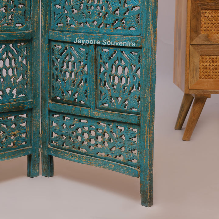 Antique Blue 4-Panel Hand-Carved Wooden Jali Room Divider