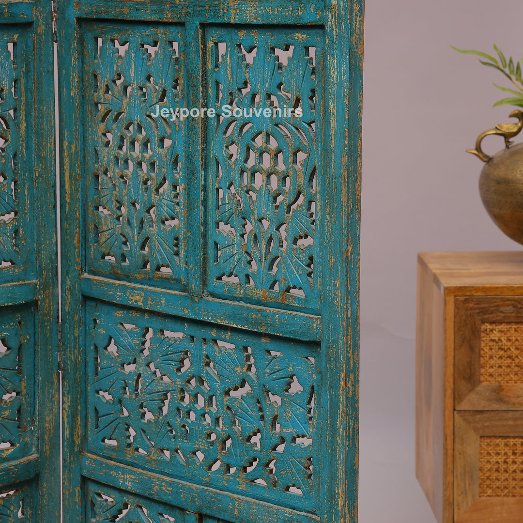 Antique Blue 4-Panel Hand-Carved Wooden Jali Room Divider