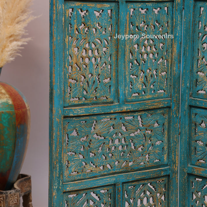 Antique Blue 4-Panel Hand-Carved Wooden Jali Room Divider