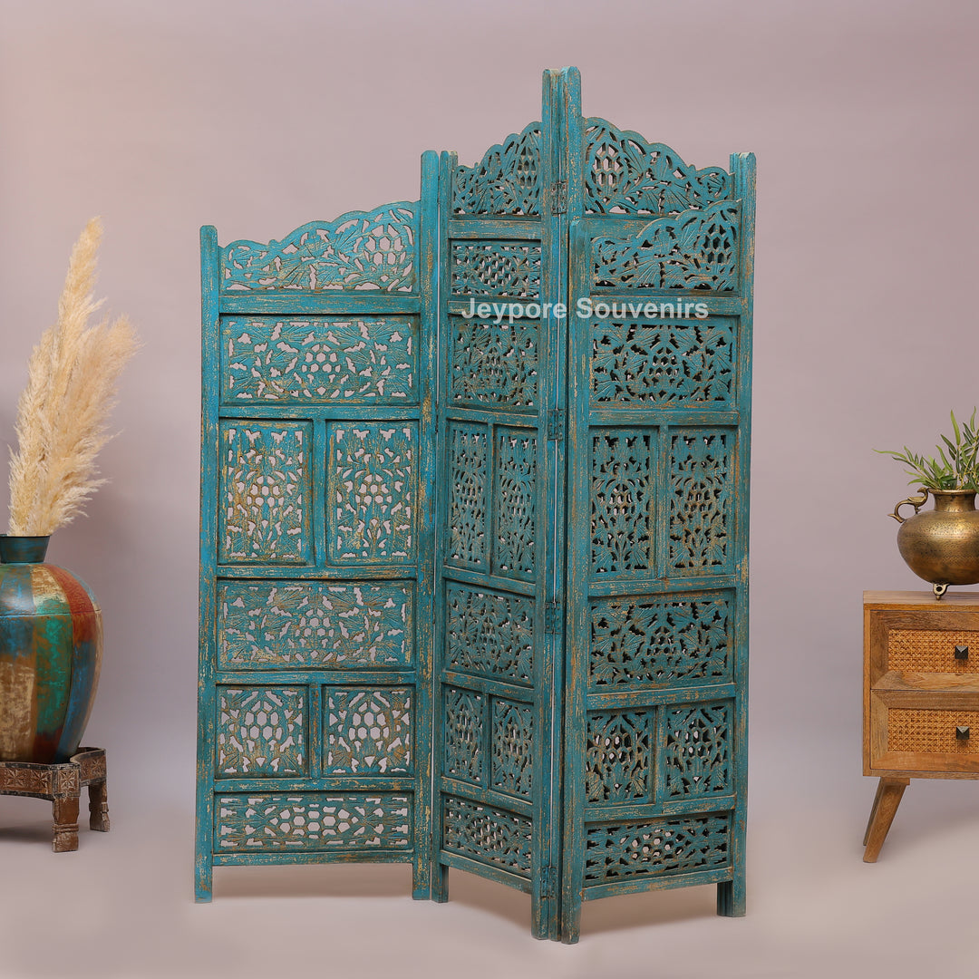 Antique Blue 4-Panel Hand-Carved Wooden Jali Room Divider