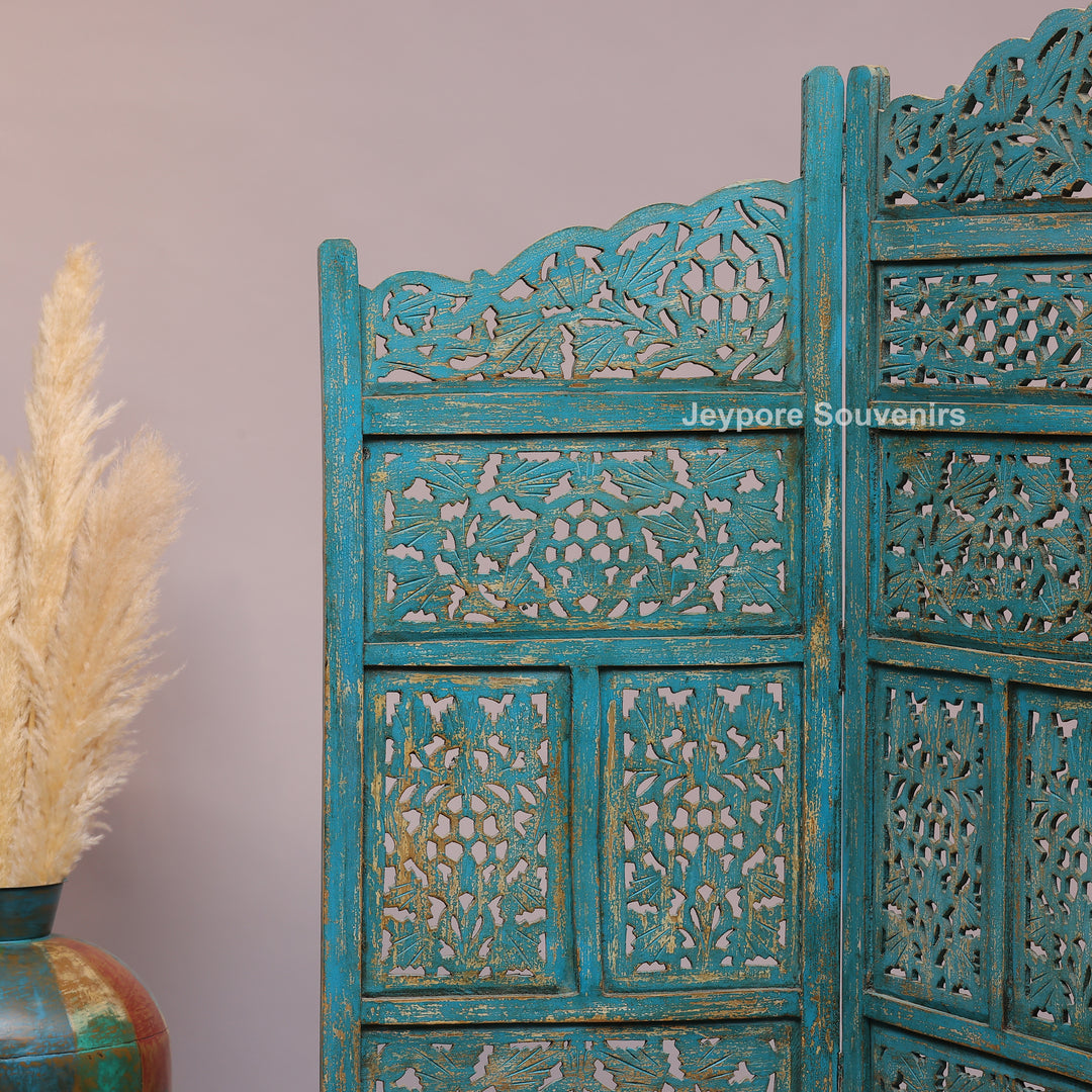 Antique Blue 4-Panel Hand-Carved Wooden Jali Room Divider