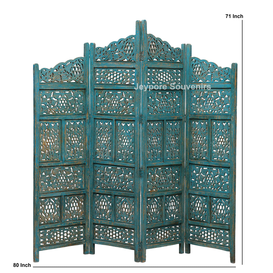 Antique Blue 4-Panel Hand-Carved Wooden Jali Room Divider