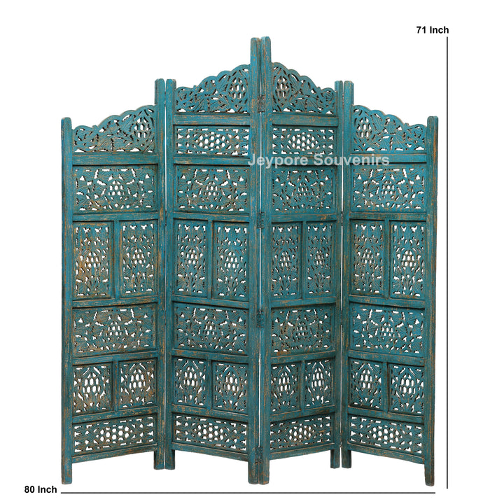 Antique Blue 4-Panel Hand-Carved Wooden Jali Room Divider
