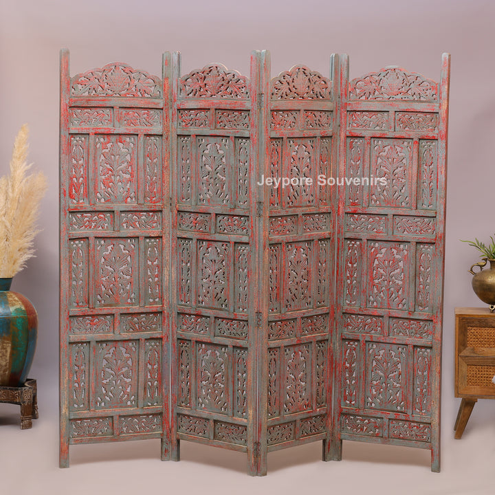 Rustic 4-Panel Hand-Carved Wooden Folding Screen Room Divider