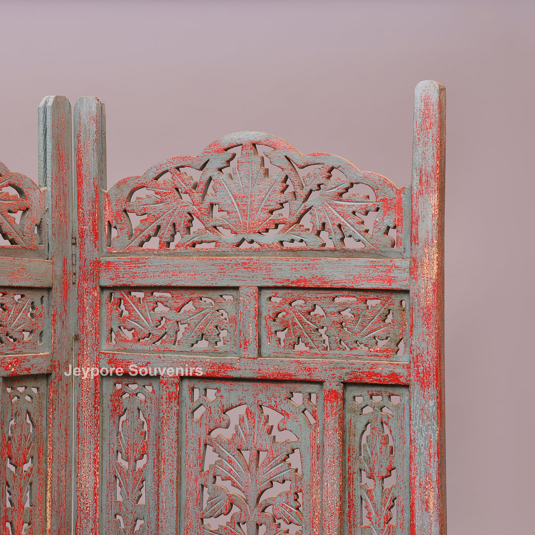 Rustic 4-Panel Hand-Carved Wooden Folding Screen Room Divider