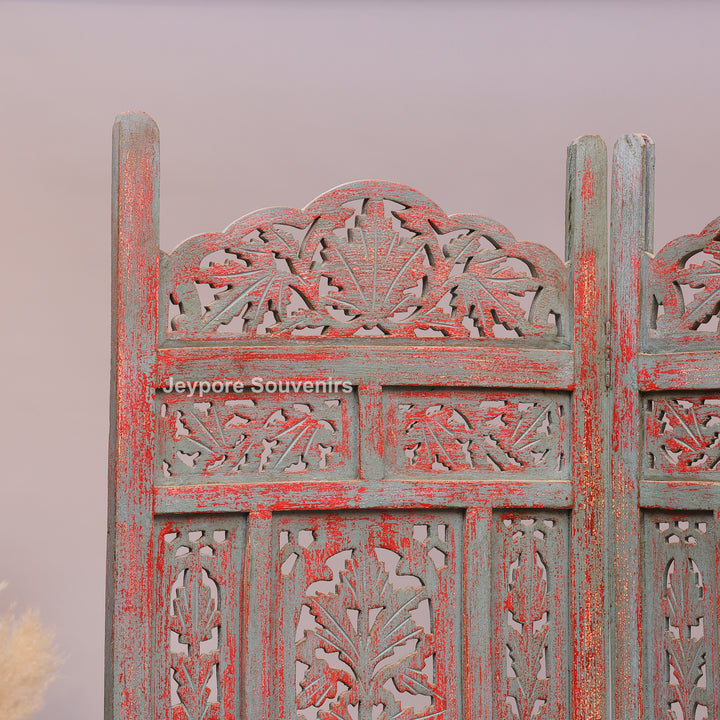 Rustic 4-Panel Hand-Carved Wooden Folding Screen Room Divider