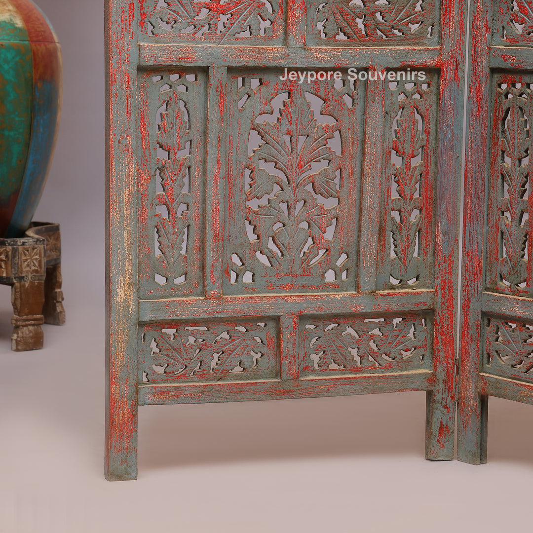 Rustic 4-Panel Hand-Carved Wooden Folding Screen Room Divider