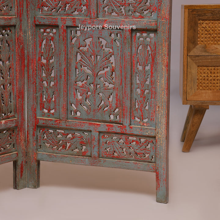 Rustic 4-Panel Hand-Carved Wooden Folding Screen Room Divider