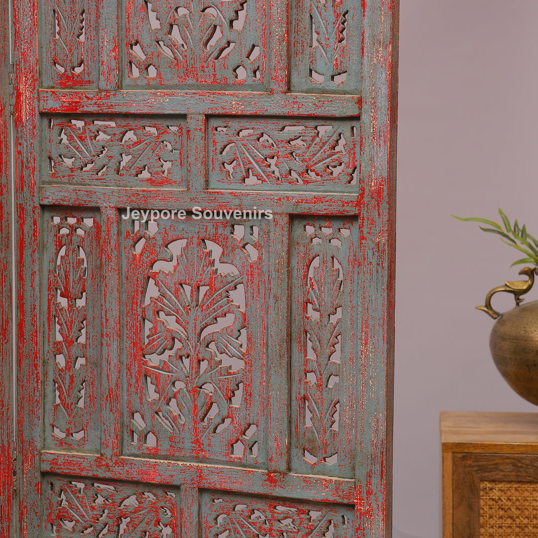 Rustic 4-Panel Hand-Carved Wooden Folding Screen Room Divider