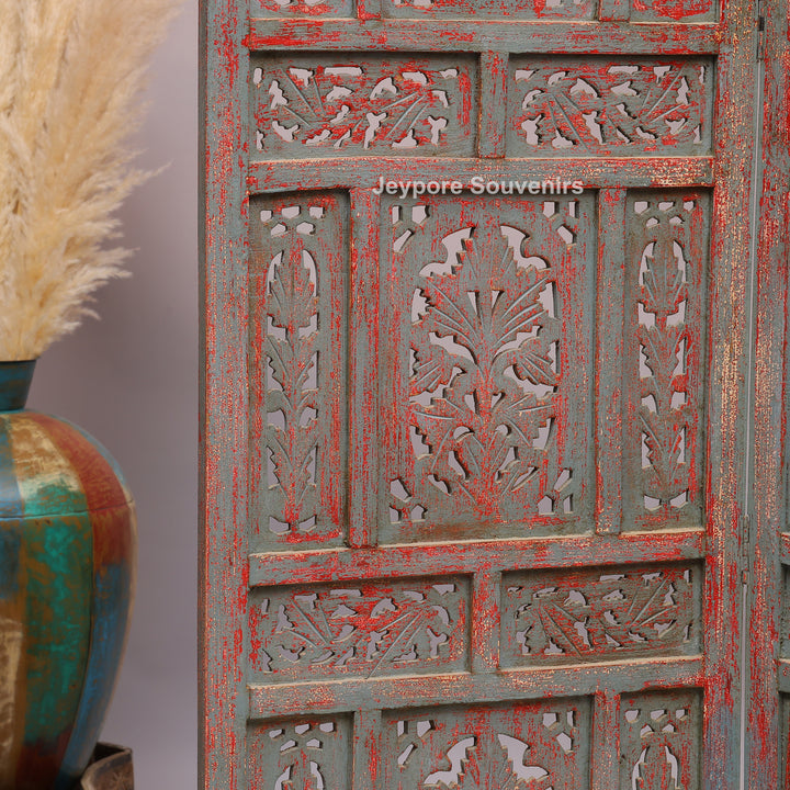 Rustic 4-Panel Hand-Carved Wooden Folding Screen Room Divider