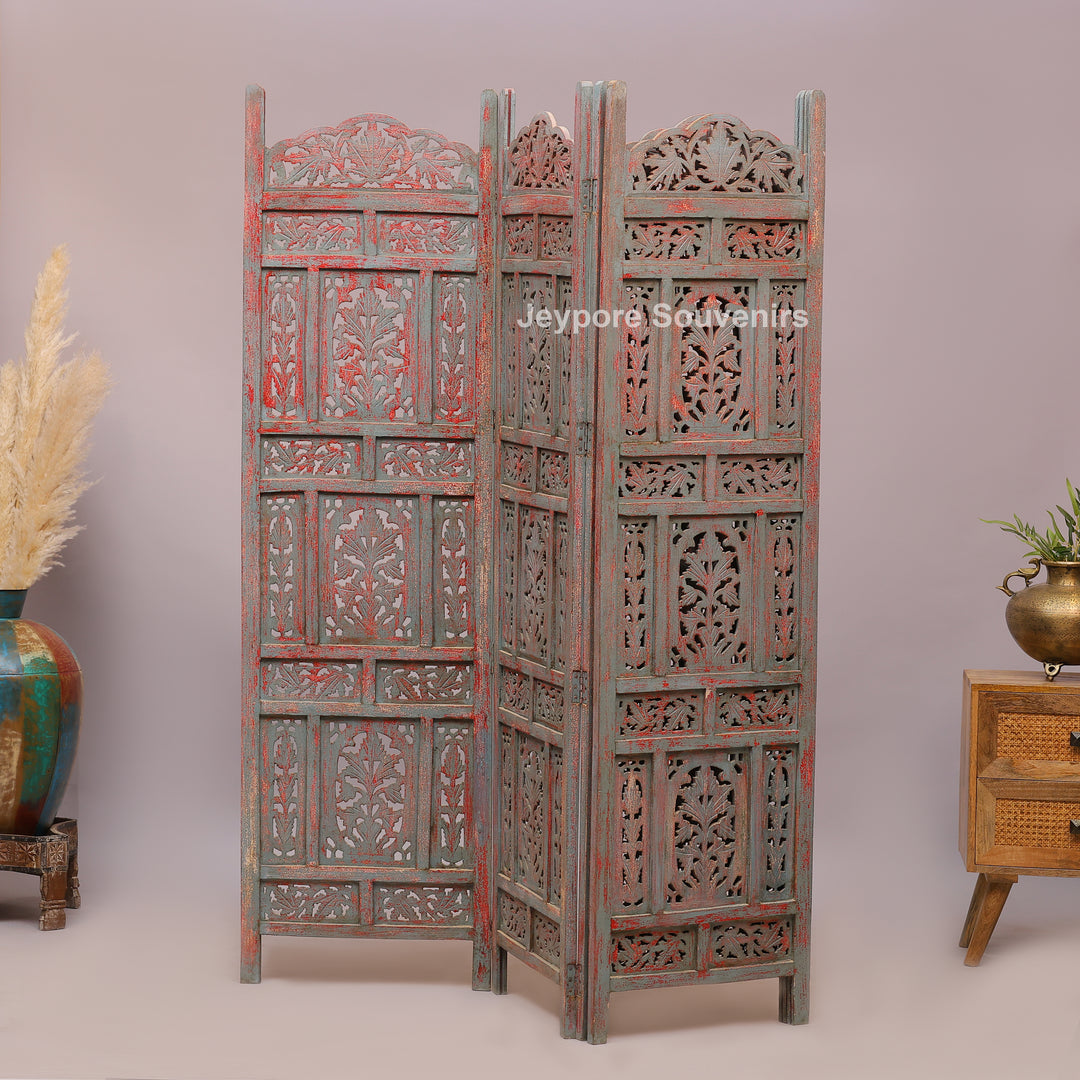 Rustic 4-Panel Hand-Carved Wooden Folding Screen Room Divider