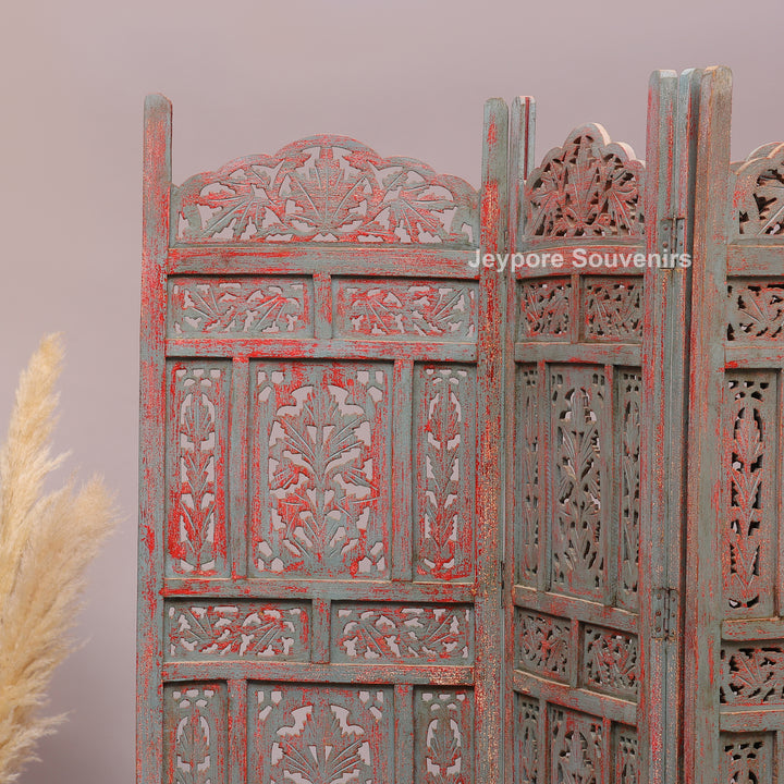 Rustic 4-Panel Hand-Carved Wooden Folding Screen Room Divider