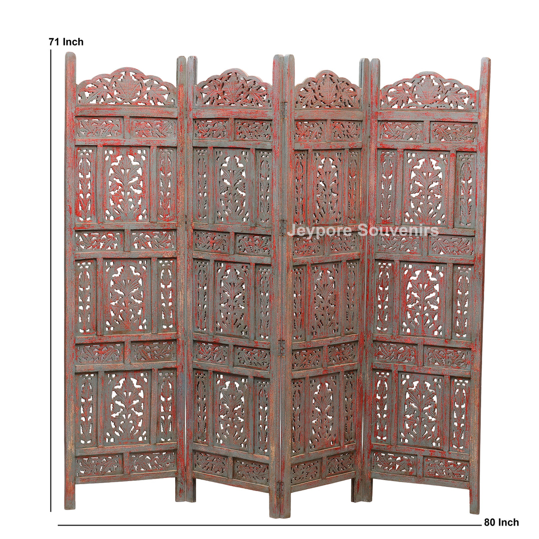 Rustic 4-Panel Hand-Carved Wooden Folding Screen Room Divider