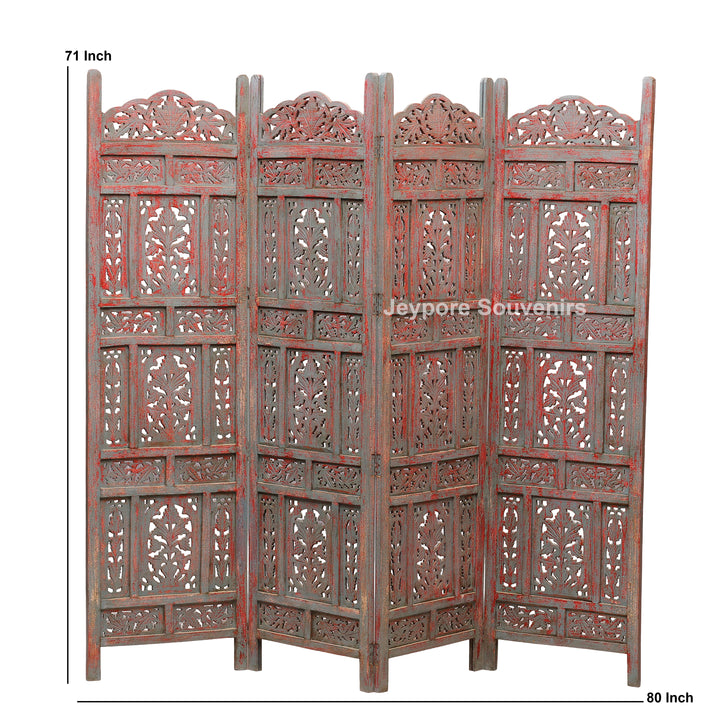 Rustic 4-Panel Hand-Carved Wooden Folding Screen Room Divider