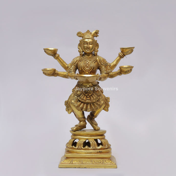 Handcrafted Brass Six-Armed Deepalakshmi Statue with Diya Lamps
