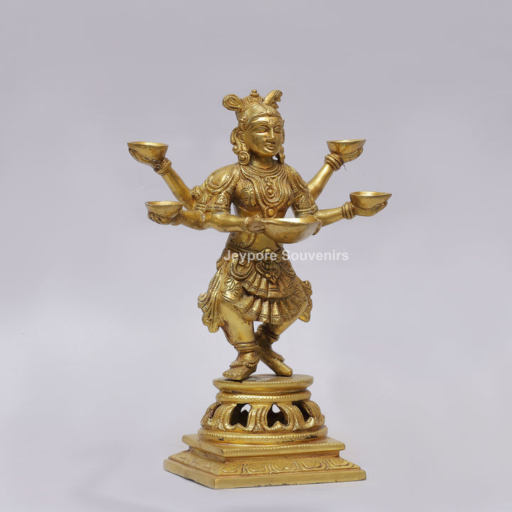 Handcrafted Brass Six-Armed Deepalakshmi Statue with Diya Lamps