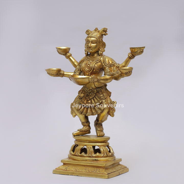 Handcrafted Brass Six-Armed Deepalakshmi Statue with Diya Lamps