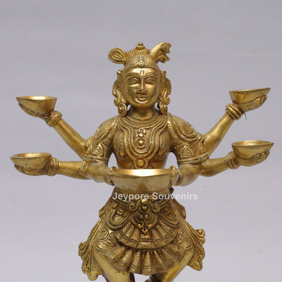 Handcrafted Brass Six-Armed Deepalakshmi Statue with Diya Lamps