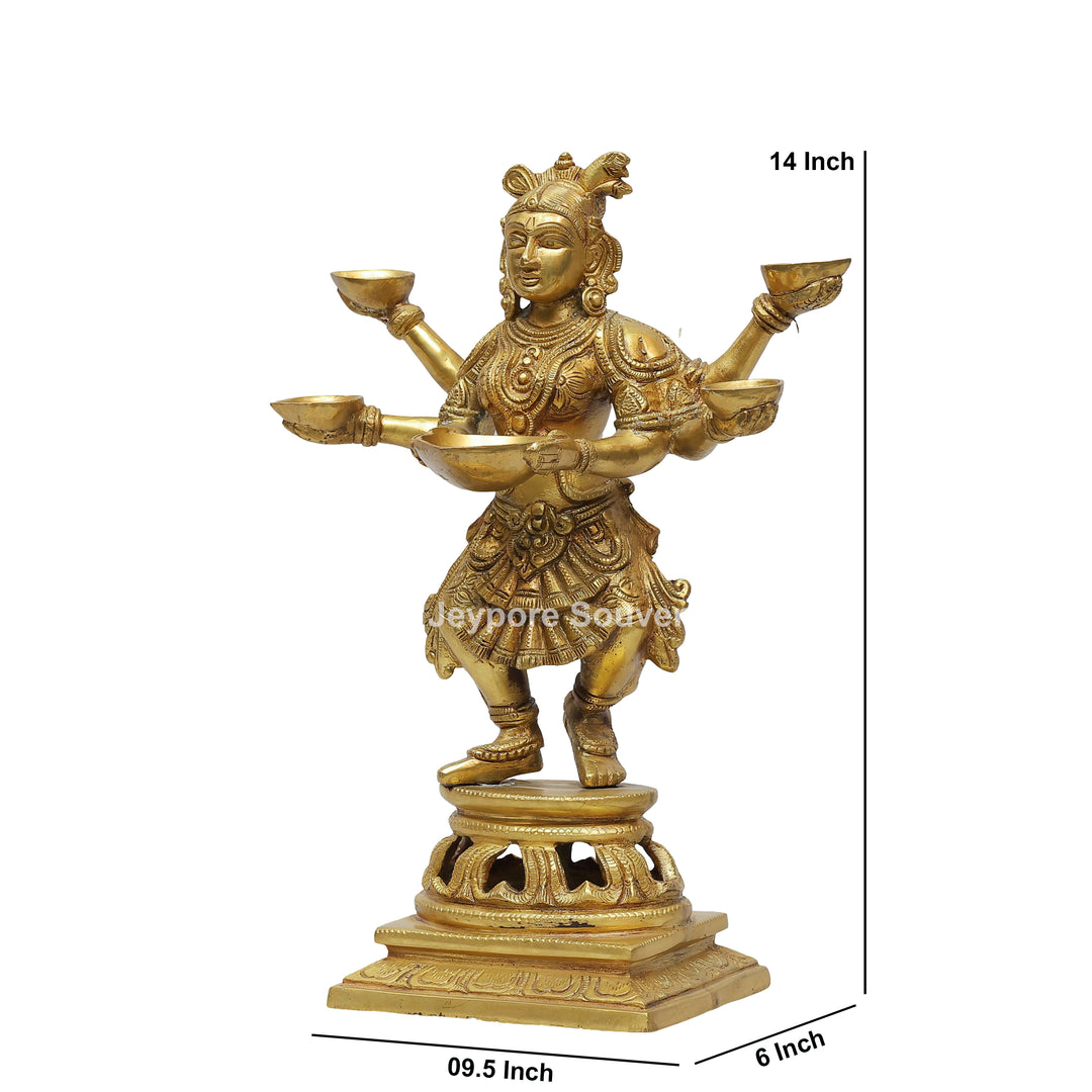 Handcrafted Brass Six-Armed Deepalakshmi Statue with Diya Lamps