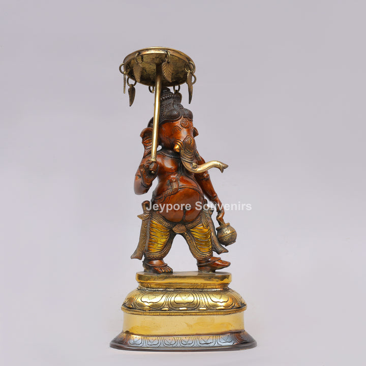Handcrafted Brass Standing Lord Ganesha with Ornate Parasol &amp; Kamandal