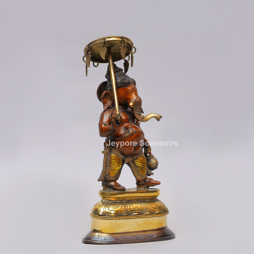 Handcrafted Brass Standing Lord Ganesha with Ornate Parasol &amp; Kamandal