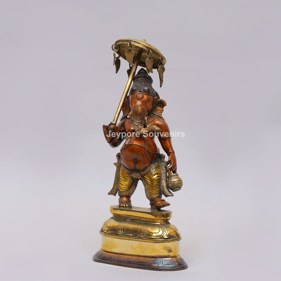 Handcrafted Brass Standing Lord Ganesha with Ornate Parasol &amp; Kamandal