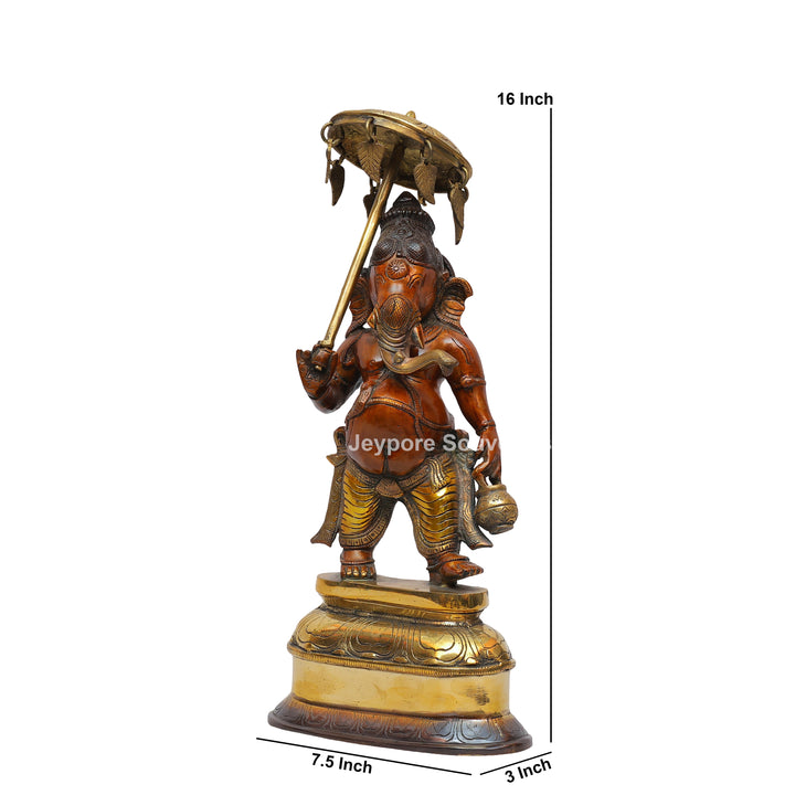 Handcrafted Brass Standing Lord Ganesha with Ornate Parasol &amp; Kamandal