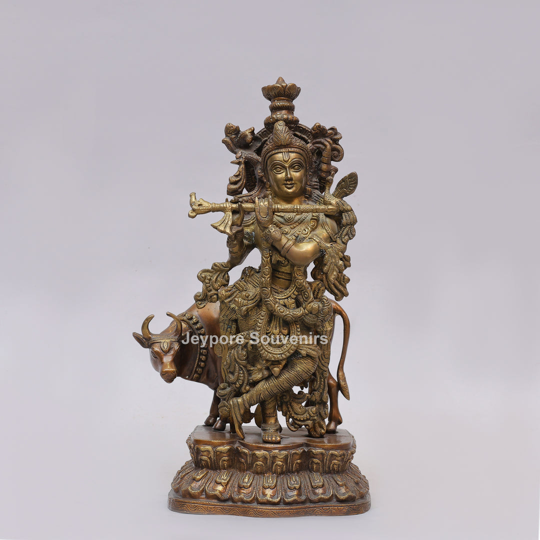 Handcrafted Brass Lord Krishna Statue with Cow