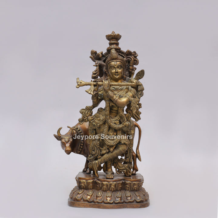 Handcrafted Brass Lord Krishna Statue with Cow