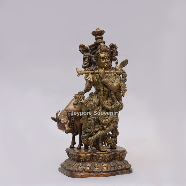 Handcrafted Brass Lord Krishna Statue with Cow
