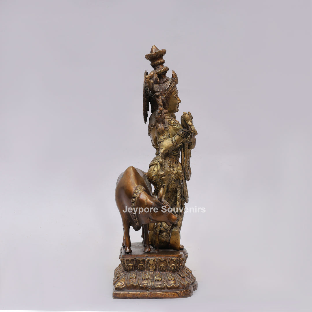 Handcrafted Brass Lord Krishna Statue with Cow