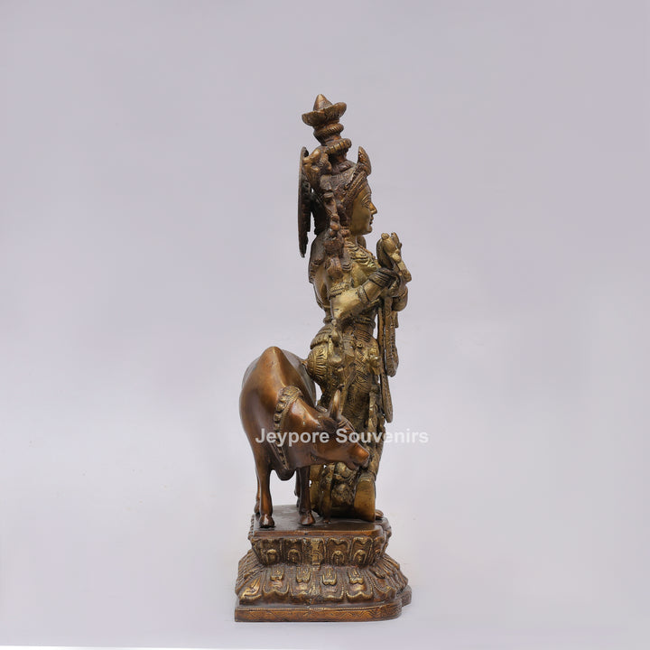 Handcrafted Brass Lord Krishna Statue with Cow
