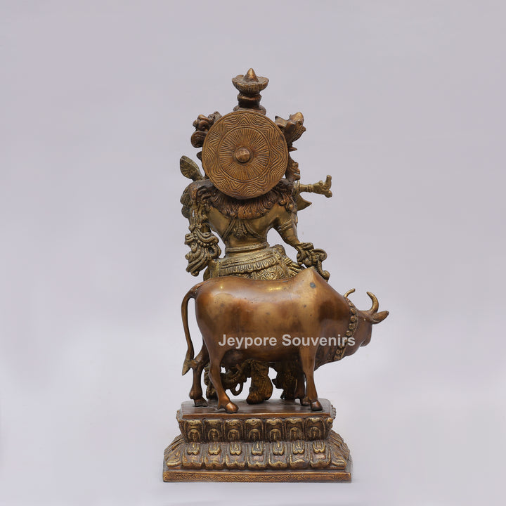 Handcrafted Brass Lord Krishna Statue with Cow