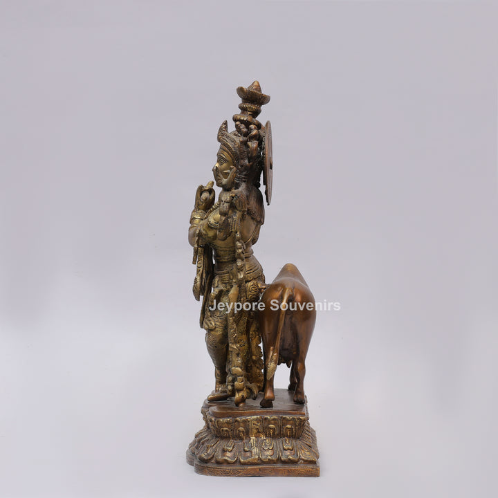Handcrafted Brass Lord Krishna Statue with Cow