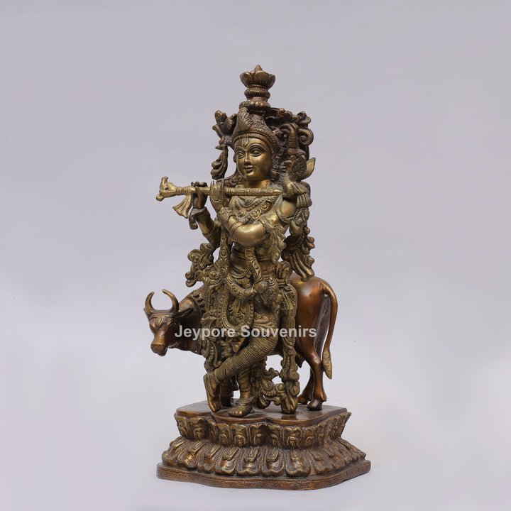 Handcrafted Brass Lord Krishna Statue with Cow