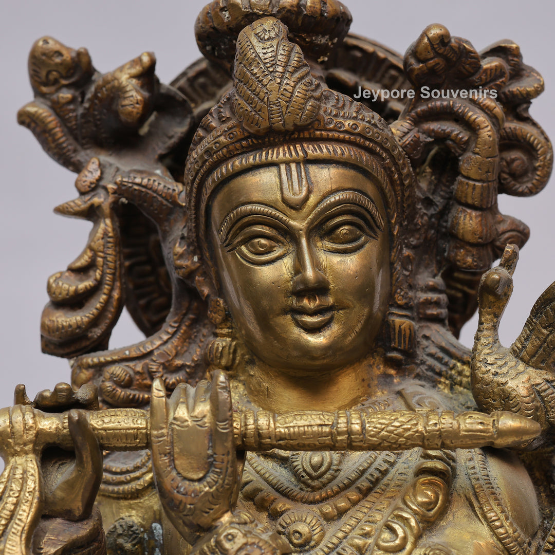 Handcrafted Brass Lord Krishna Statue with Cow